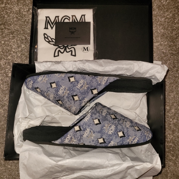MCM Shoes - MCM Womens Vintage Blue Monogram Slides